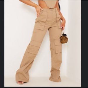 Brown Twill Pocket Detail High Waist Cargo Pants